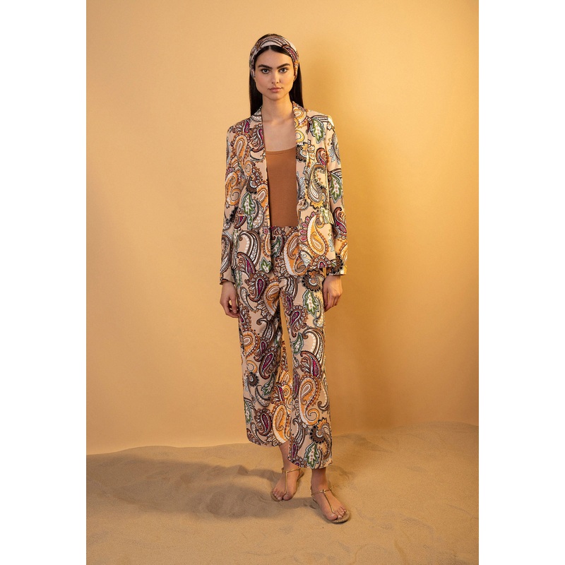 Multi-Color Cropped Paisley Print Slip On Trousers