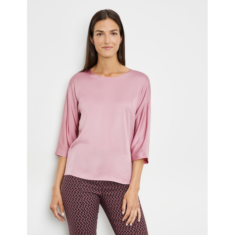 3/4-Sleeve Top With A Fabric Panel And A Subtle Sheen