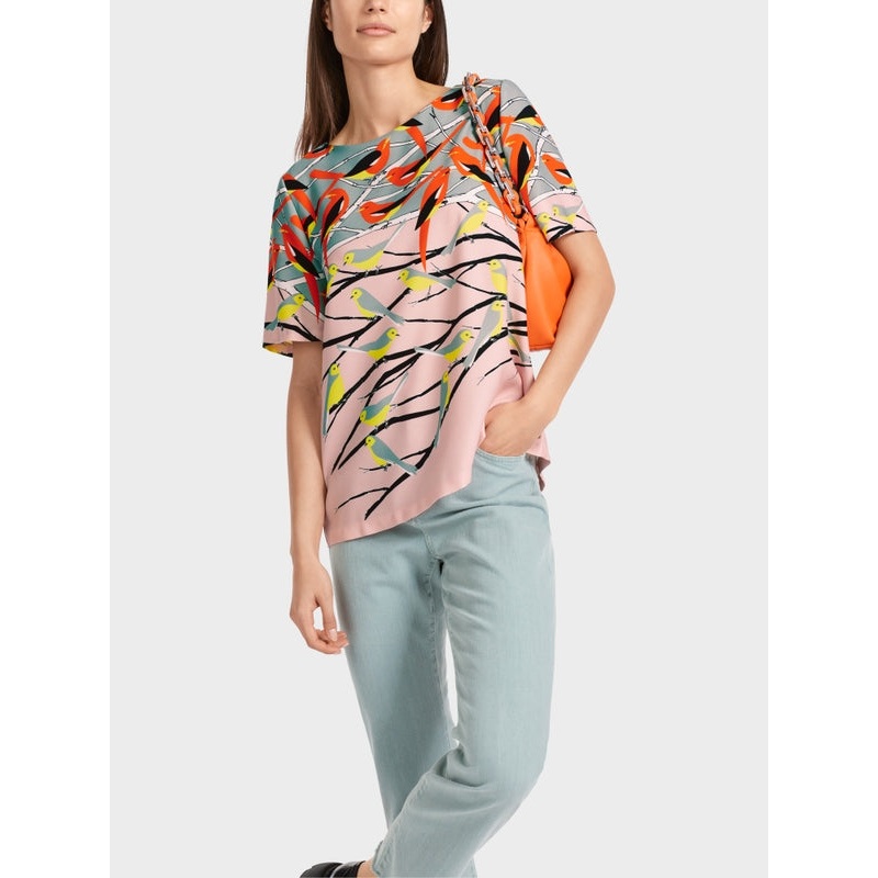 Multi-Color Short Sleeve Blouse With Bird Design
