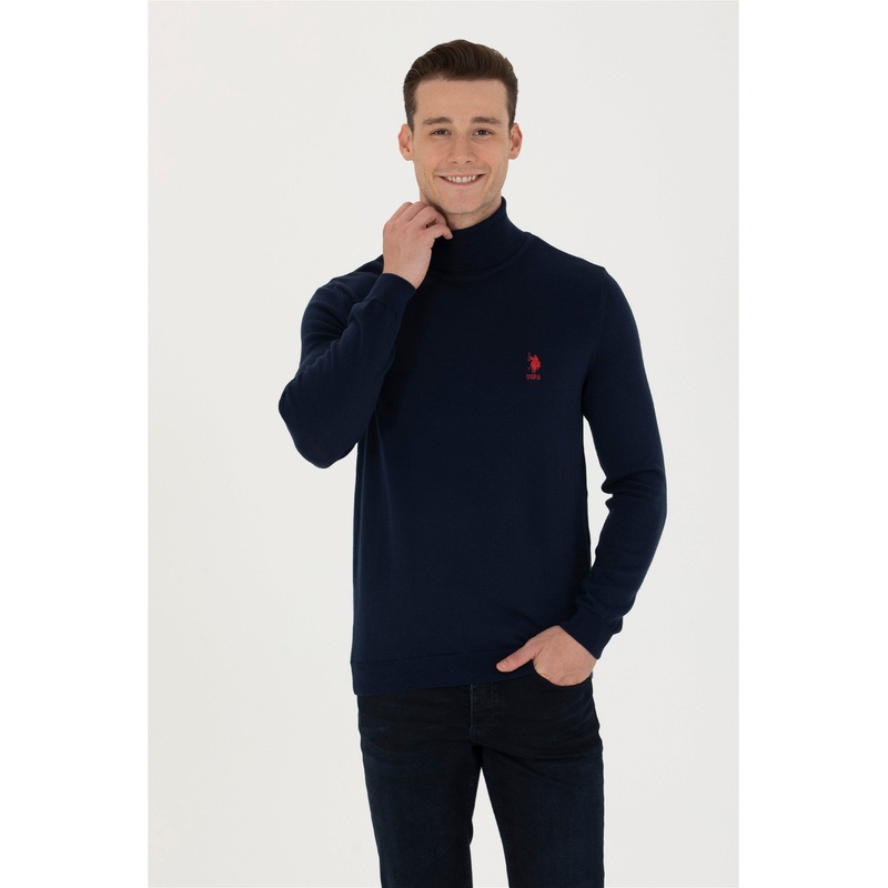 Navy Blue Turtleneck Sweater With Logo