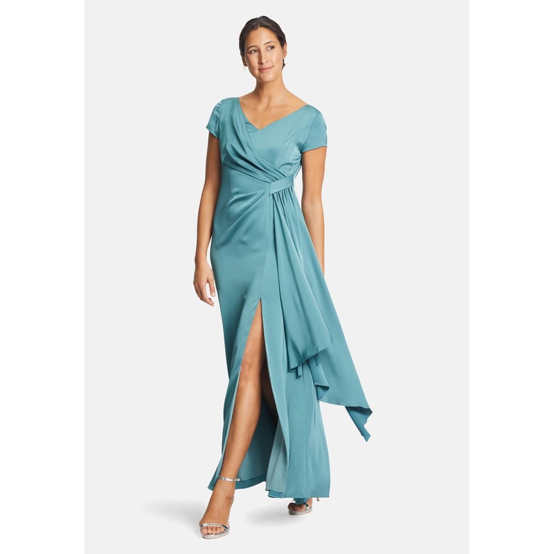 Turquoise Blue Wrap Evening Dress With Knee-High Slit