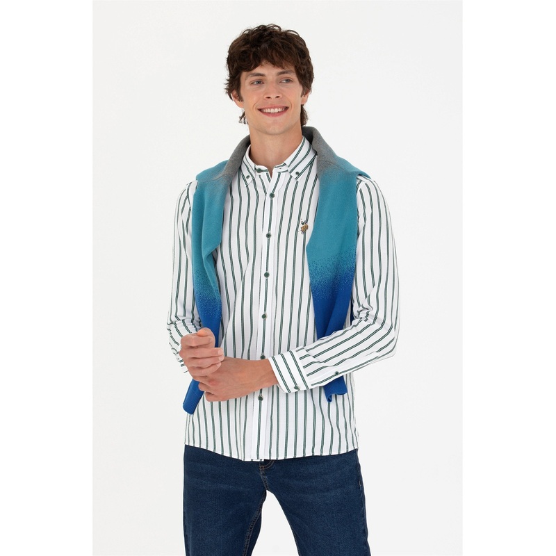 White Shirt With Green Stripes And Logo