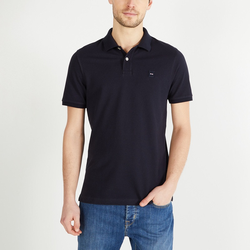 Dark Blue Short-Sleeved Polo Shirt With Jacquard Inscription