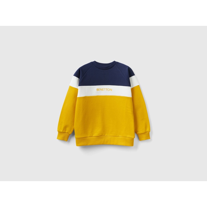 Yellow Ochre And Dark Blue Sweatshirt With Embroidered Logo