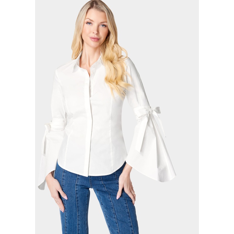 Button Down Bell Sleeve Poplin Blouse