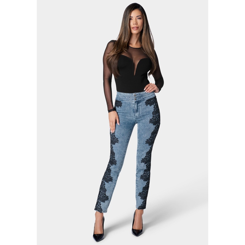 High Waist Lace Applique Slim Leg Denim Jeans
