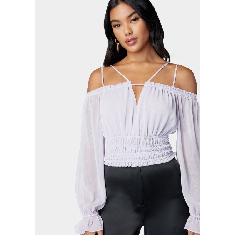 Multi Strap Cold Shoulder Ruched Blouse
