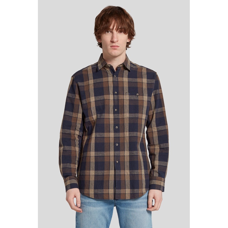 One Pocket Shirt Cotton Linen Check Brown
