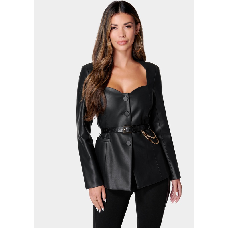 Vegan Leather Fitted Jacket With Belt