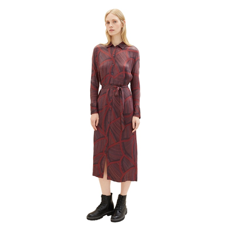 Long Sleeve Belted Midi Dress With All-Over Print