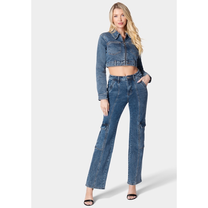 Natural Waist Wide Leg Cargo Denim Jeans