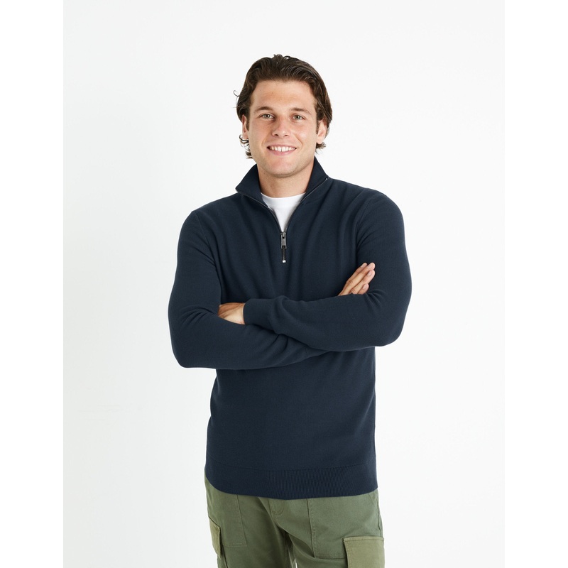 100% Cotton Trucker Collar Sweater - Navy