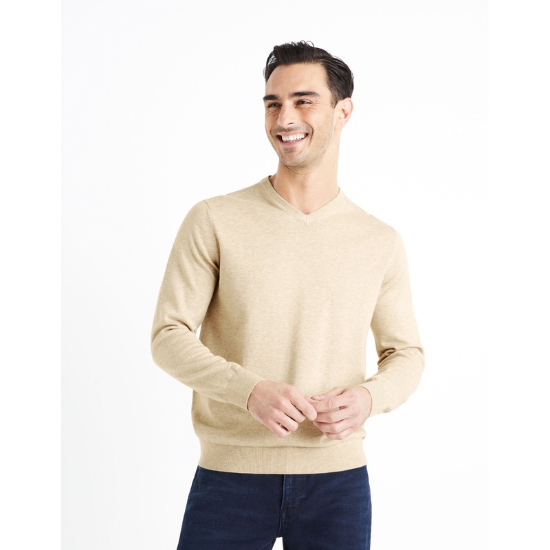 100% Cotton V-Neck Sweater - Beige