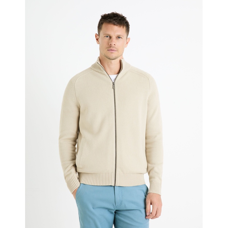 100% Cotton Zip-Up Cardigan - Beige