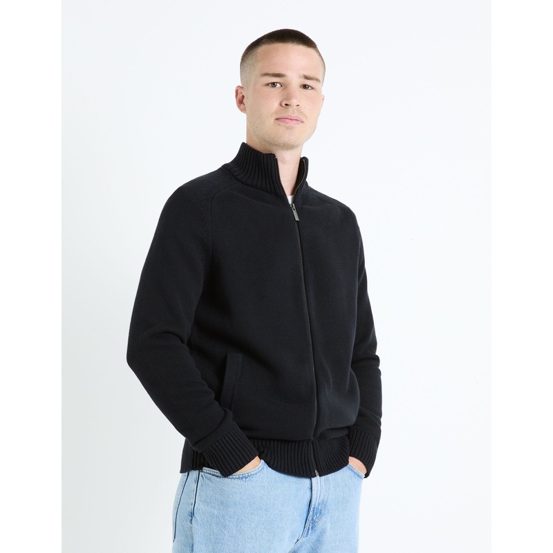 100% Cotton Zip-Up Cardigan - Black