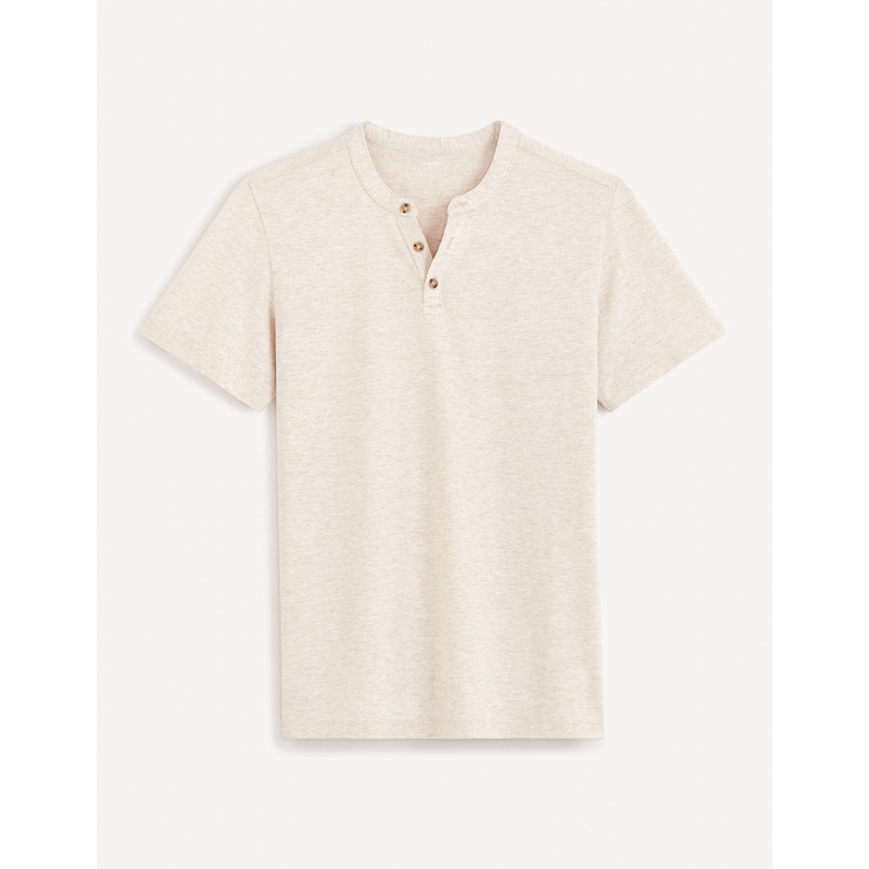 Cotton Blend Henley Collar T-Shirt -Beige