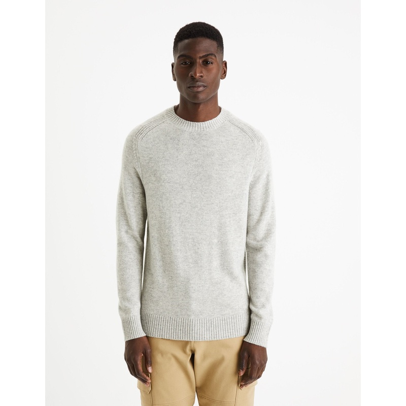 Round Neck Sweater 100% Lambswool - Mottled Grey