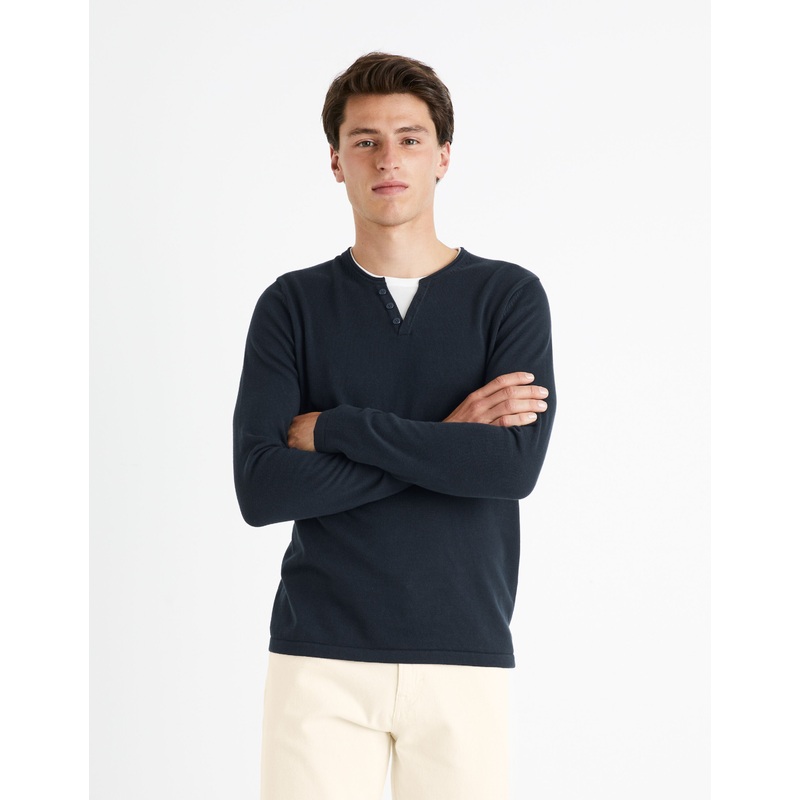 Tunisian Collar Sweater 100% Cotton - Navy