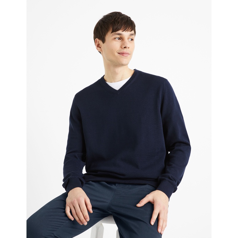 V-Neck Sweater 100% Cotton - Navy
