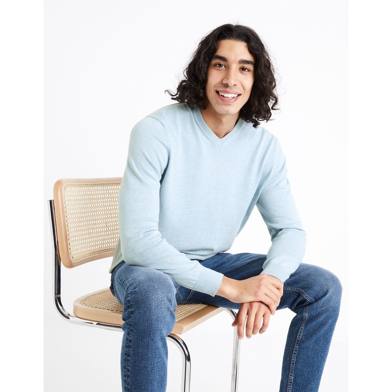100% Cotton V-Neck Sweater - Light Blue