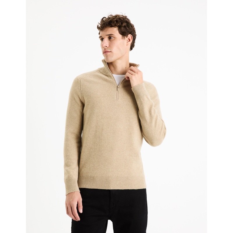 100% Lambswool Zip-Neck Sweater - Beige