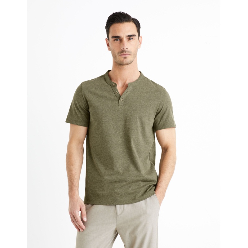 Cotton Blend Henley Collar T-Shirt - Green