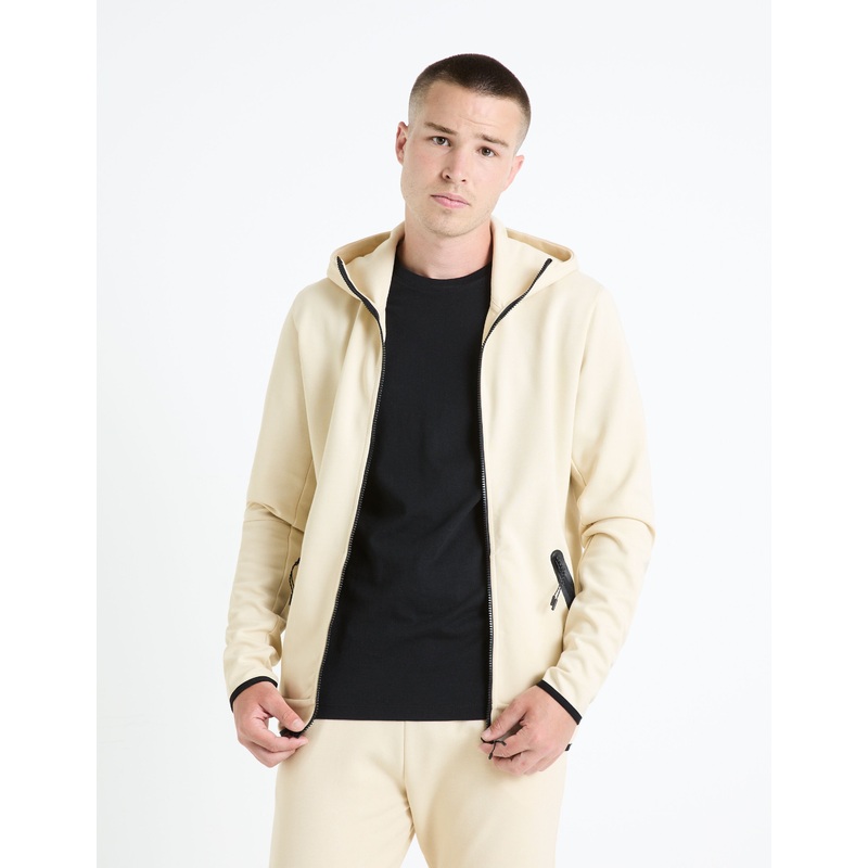 Cotton-Blend Hooded Zip-Up Sweatshirt - Beige