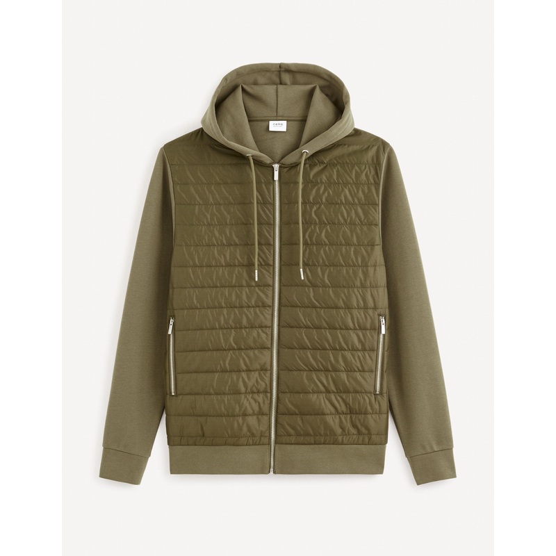 Cotton Blend Zipped Hooded Sweatshirt - Khaki