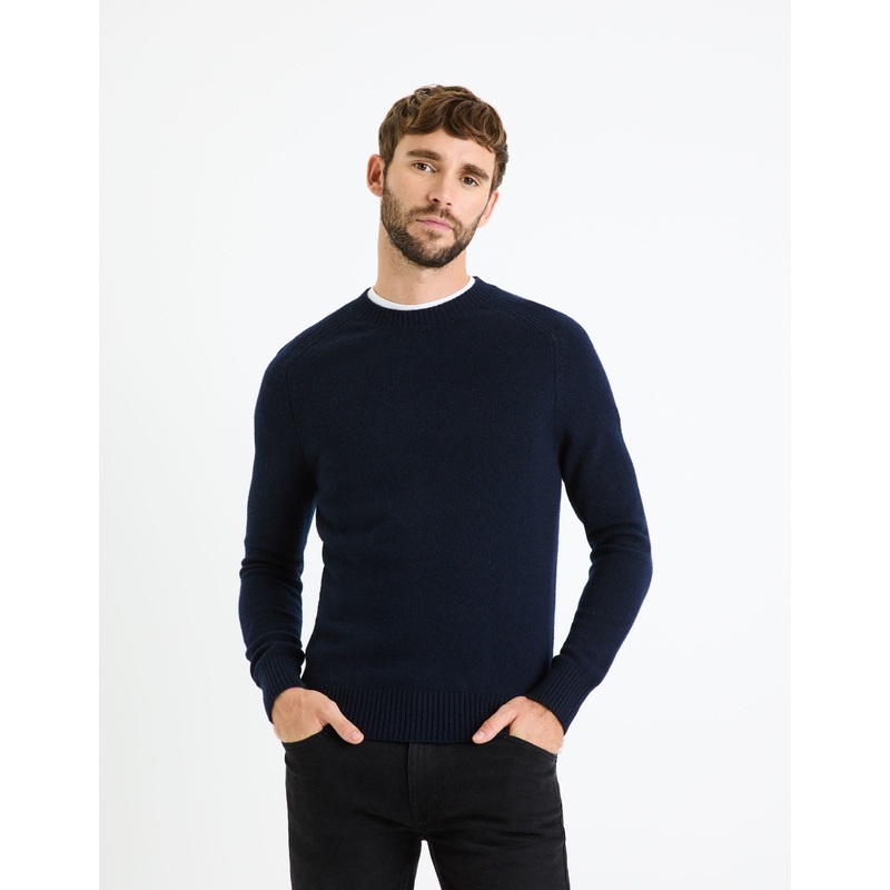 Round Neck Sweater 100% Lambswool - Navy