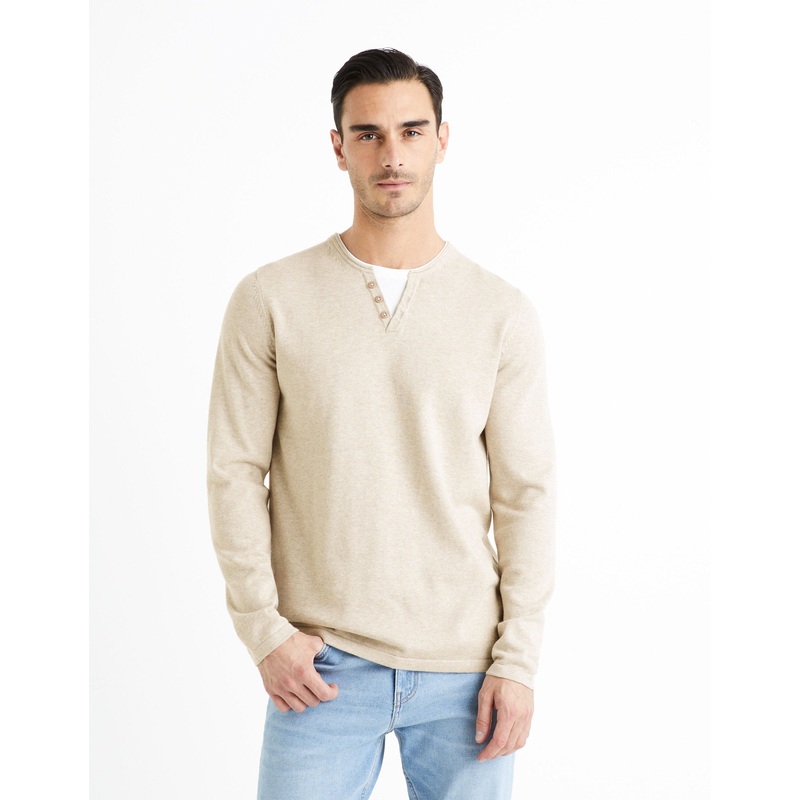 Tunisian Collar Sweater 100% Cotton - Beige