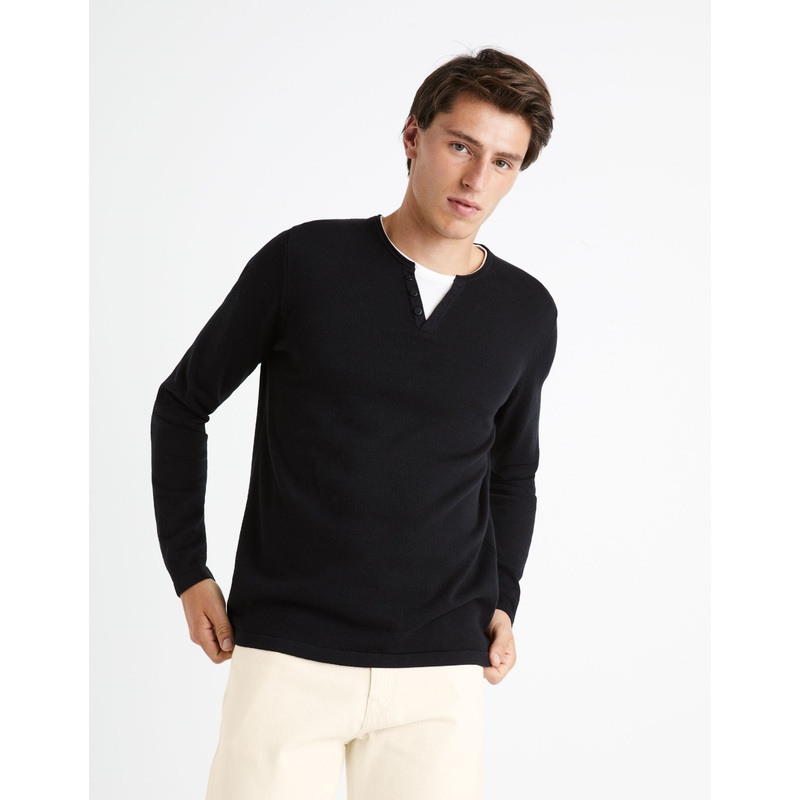 Tunisian Collar Sweater 100% Cotton - Black