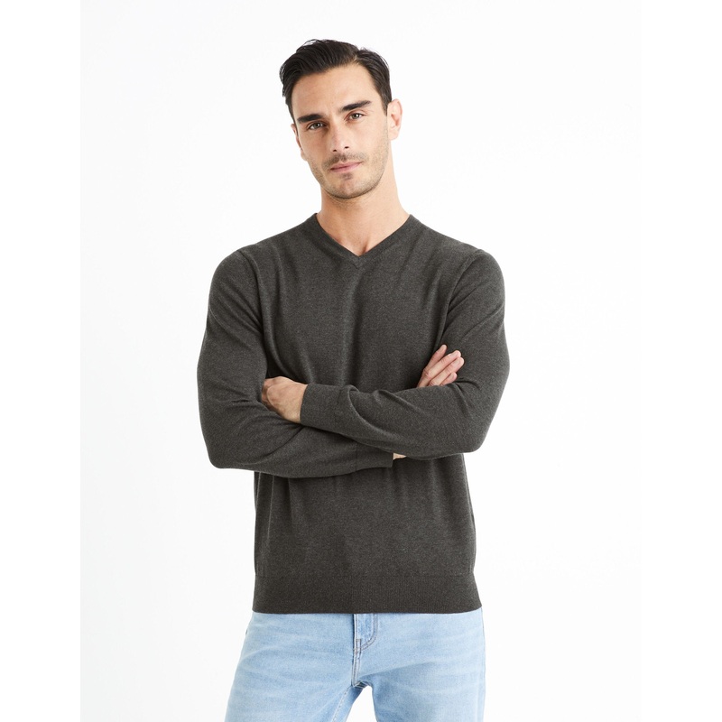 V-Neck Sweater 100% Cotton - Anthracite