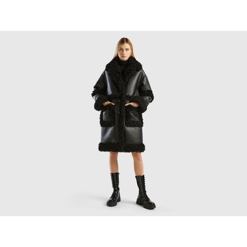 Coat In Imitation Leather With Faux Fur