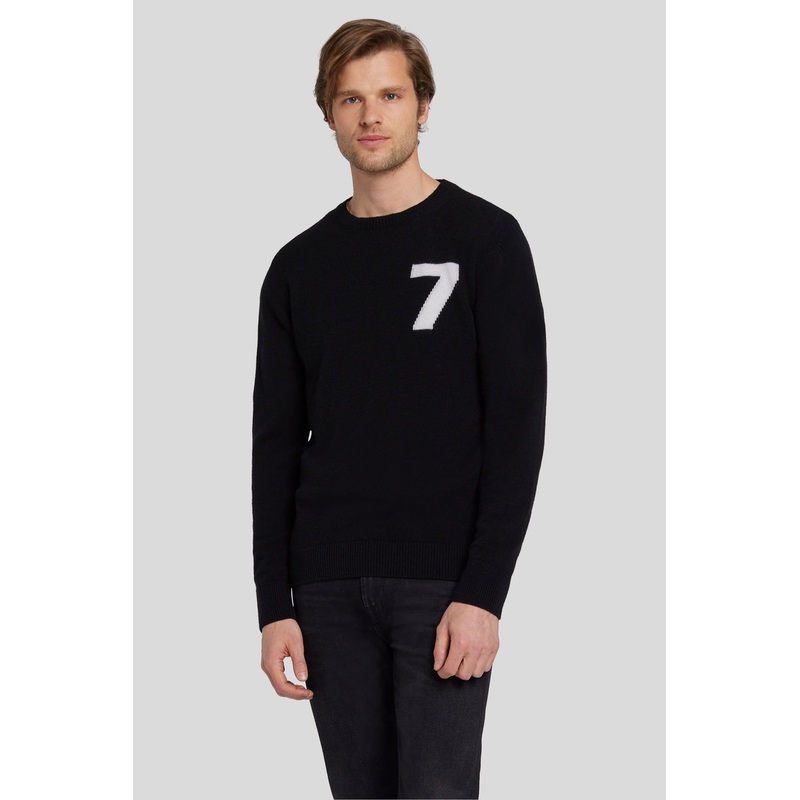 Crew Neck Knit Cashmere Wool W/7 Intarsia Black