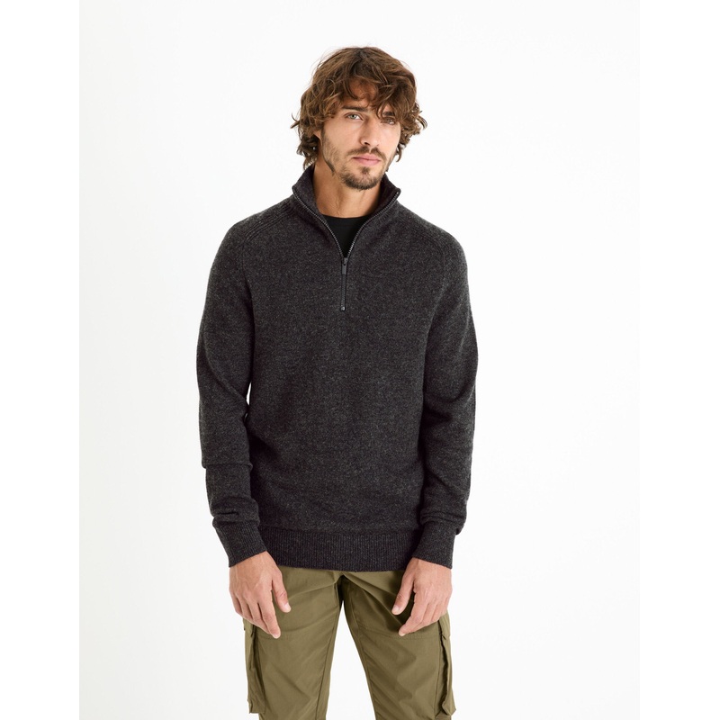 100% Lambswool Zip-Neck Sweater - Anthracite