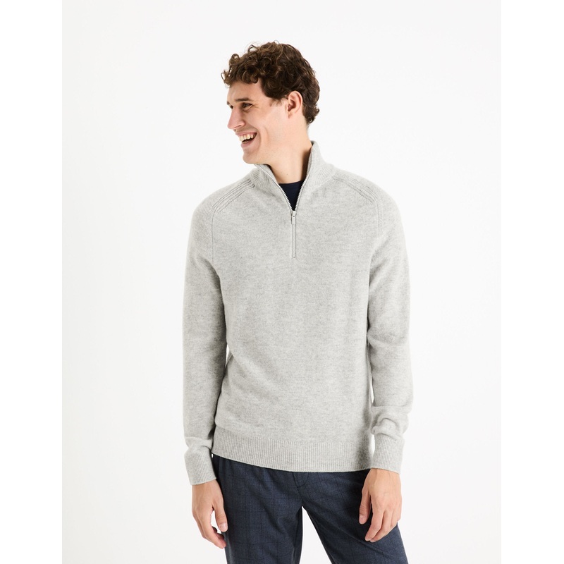100% Lambswool Zip-Neck Sweater - Mottle Grey