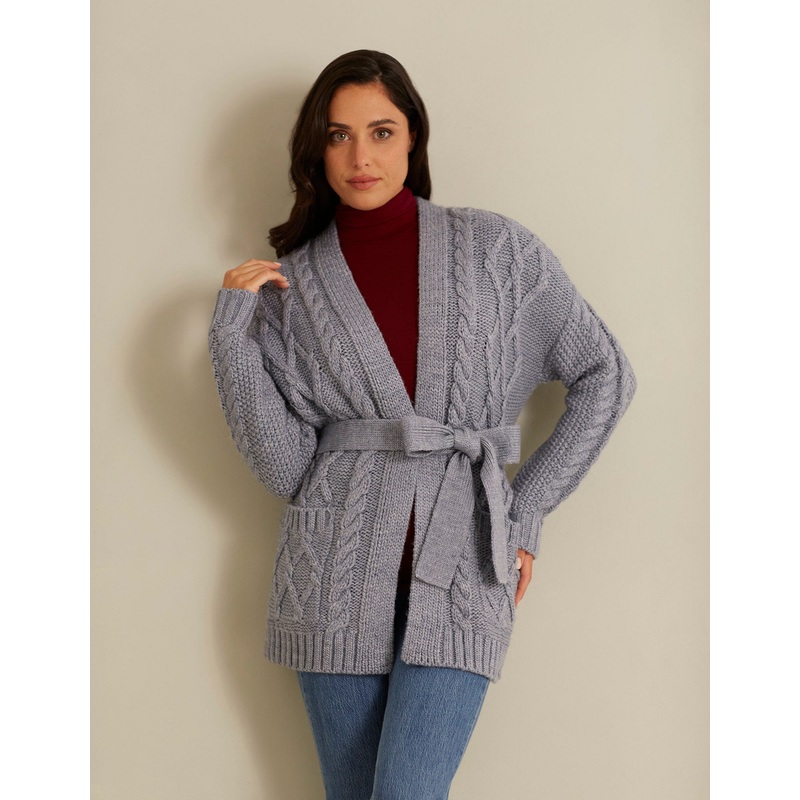 Grey Knitted Cardigan With Belt