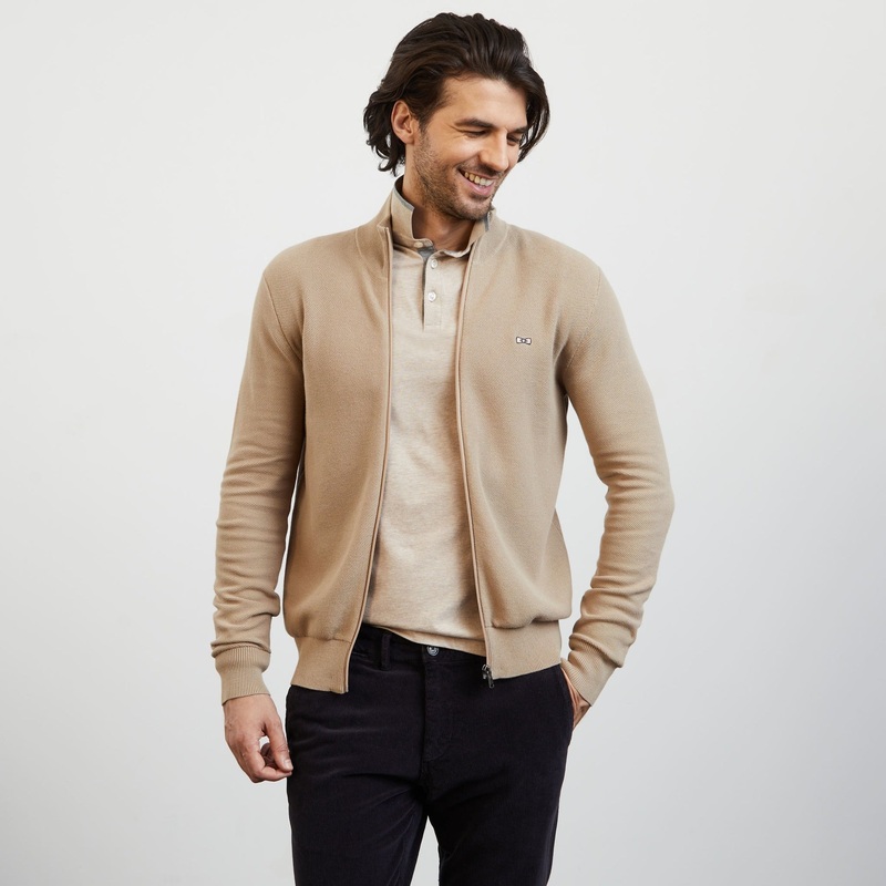 Beige Zip Cardigan In Decorative Cable Knit