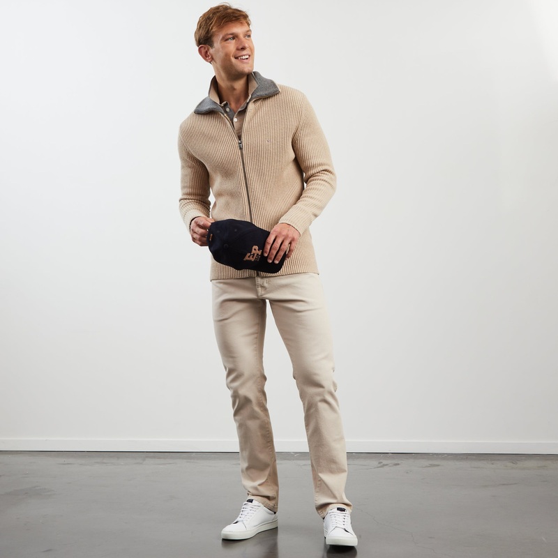 Beige Zip Cardigan In Decorative Rib Knit