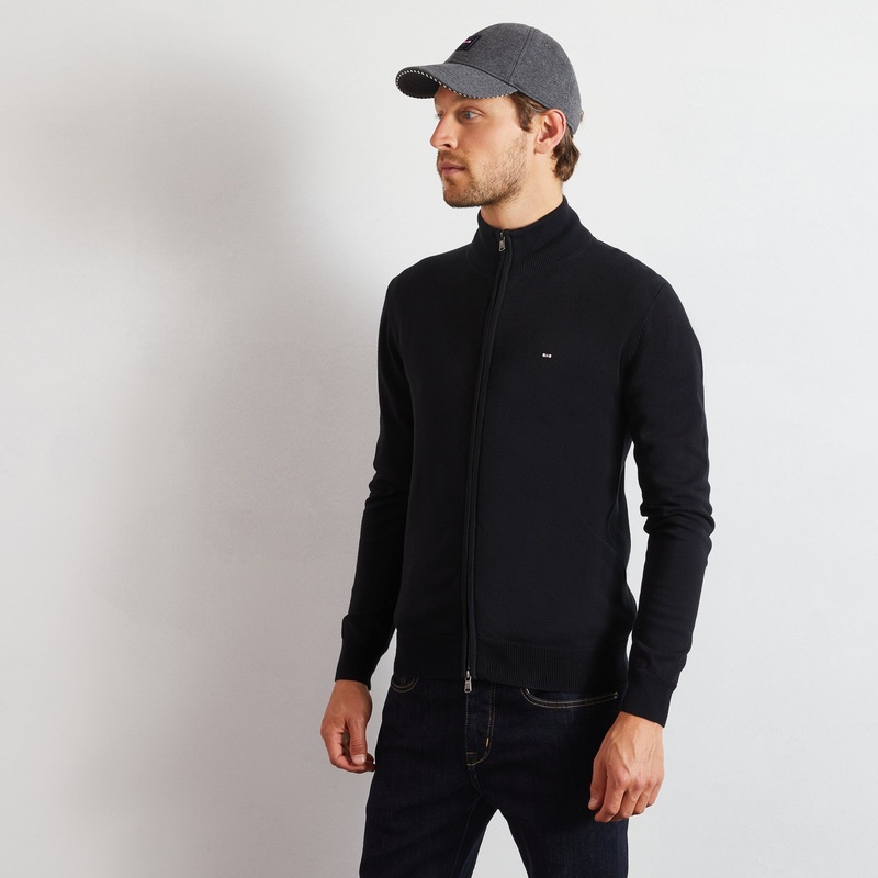 Black Cotton Cardigan With Zipper