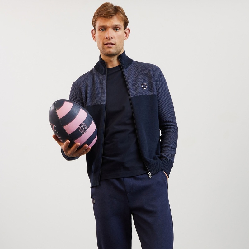 Dark Blue Colourblock Cable Knit Zip Cardigan