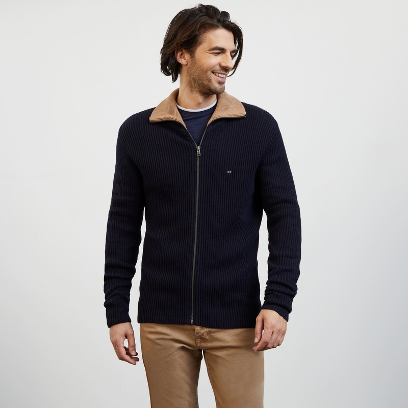 Dark Blue Zip Cardigan In Decorative Rib Knit