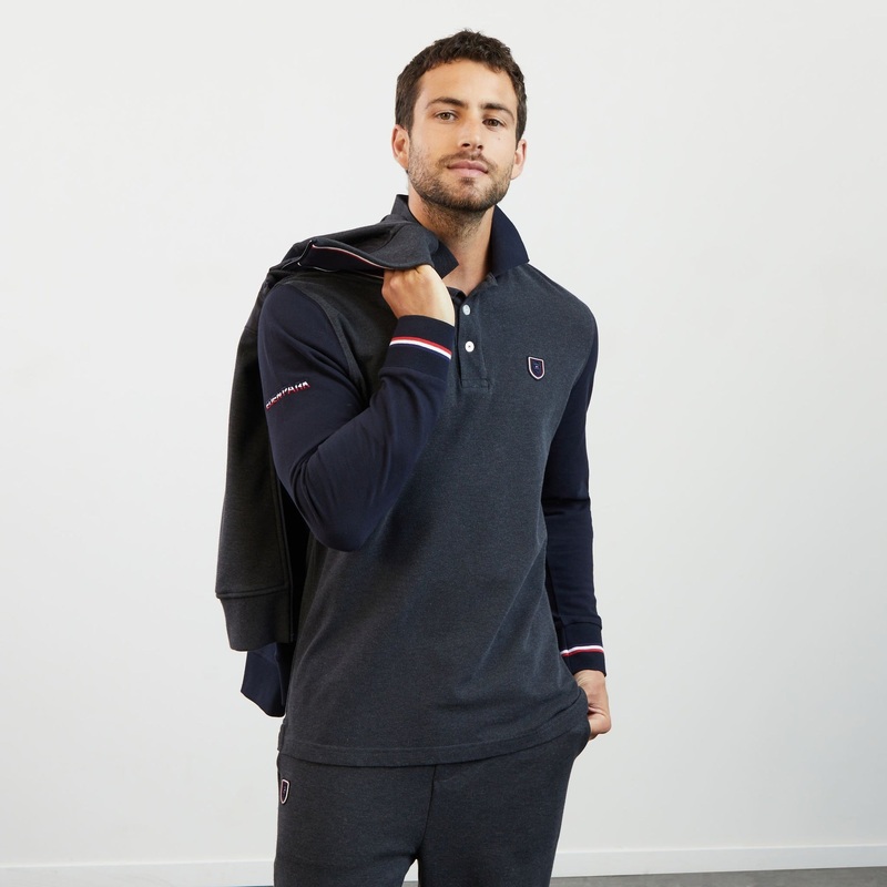 Dark Grey Long-Sleeved Colourblock Polo Shirt
