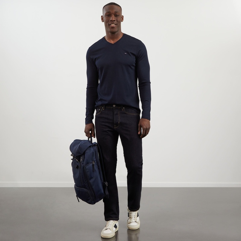 Long Sleeved Navy Blue V Neck T-Shirt