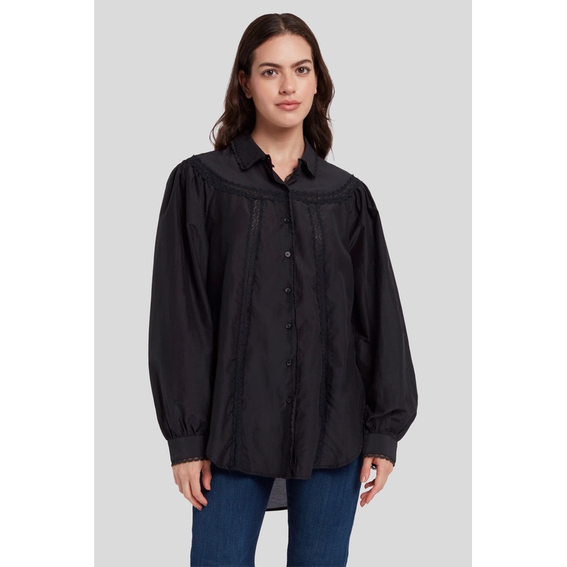 Ls Lace Trim Blouse Cotton Silk Black