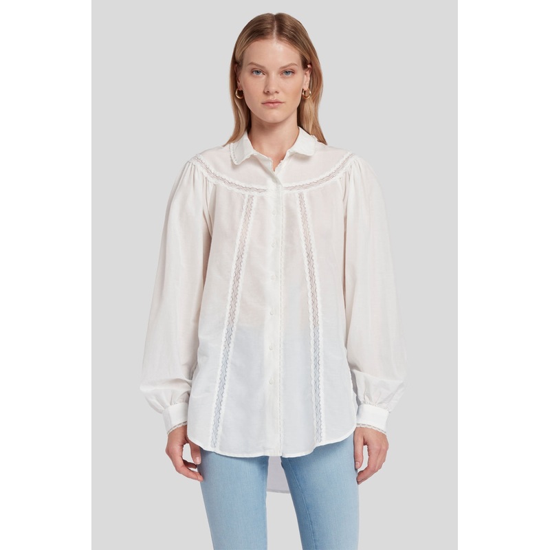 Ls Lace Trim Blouse Cotton Silk White