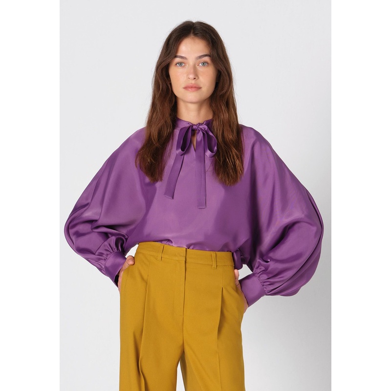 Dark Lilac Satin Blouse With Bow