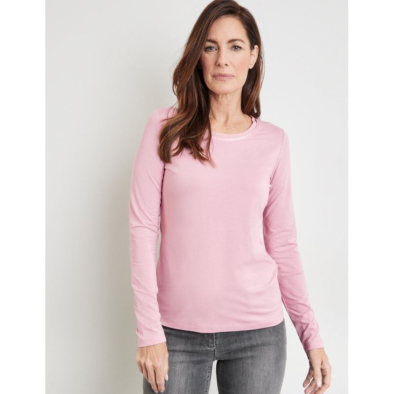 Long Sleeve Top With A Sheer Neckline Trim