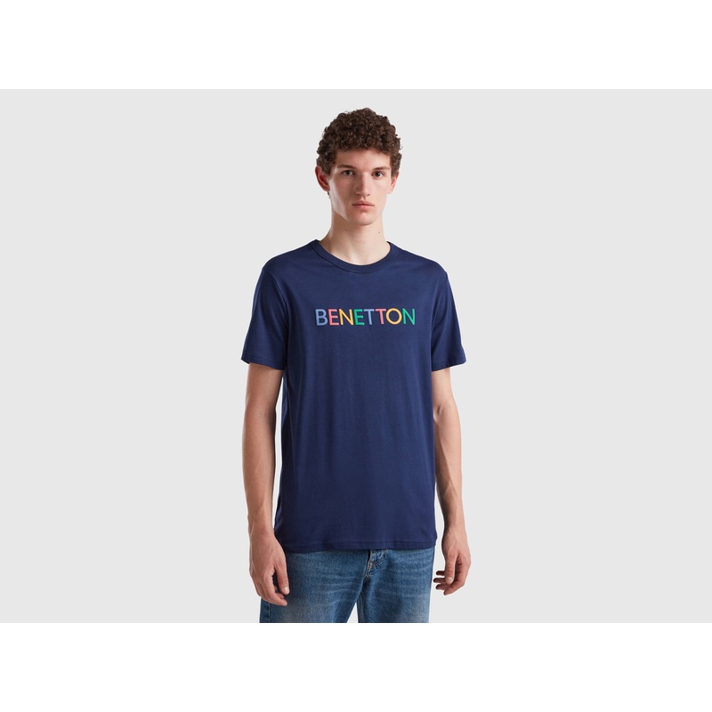 Dark Blue T-Shirt In Organic Cotton With Multicolored Logo
