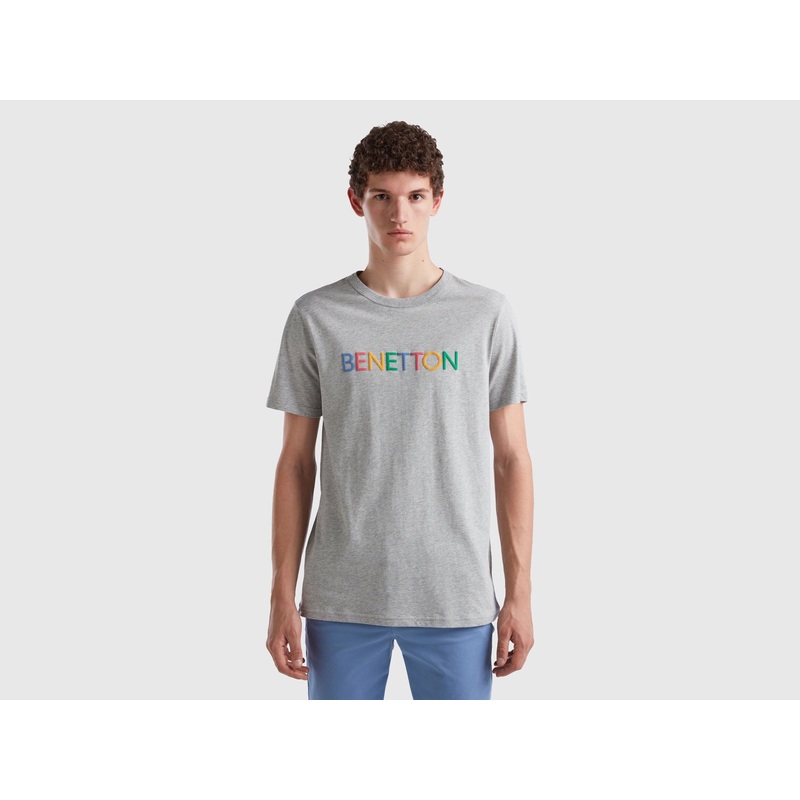 Gray T-Shirt In Organic Cotton With Multicolored Logo